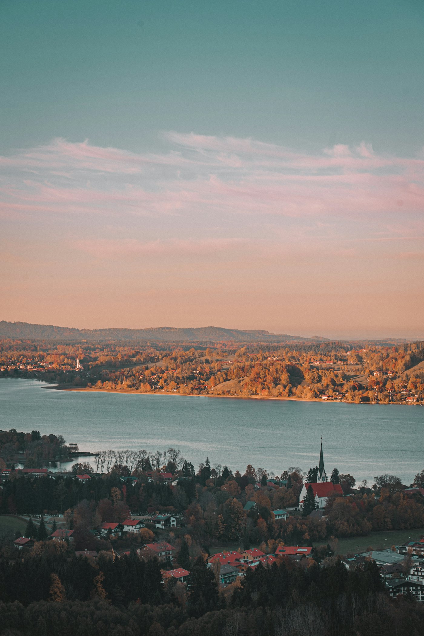 Elevated view of Lake Tegernsee in autumn light